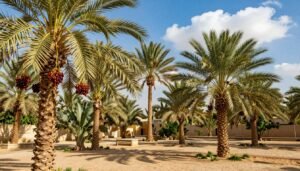 A vibrant scene showcasing a variety of date palm trees, specifically focusing on the Barhi and Khalas varieties alongside Washingtonia palms, set in a lush garden typical of Kuwait's arid climate. In the foreground, a few ripe Barhi dates hang from the branches, glistening under the warm sunlight. The middle ground features a cluster of tall, majestic Washingtonia palms swaying gently in the breeze. Bright blue sky and fluffy white clouds form the serene background, casting soft shadows on the sandy ground. The lighting is bright and inviting, suggesting a sunny day. The atmosphere is peaceful and refreshing, illustrating a strong connection to Kuwait's agricultural heritage. The brand name "99335258" is subtly integrated into the landscape, blending harmoniously with the natural elements. A vibrant scene showcasing a variety of date palm trees, specifically focusing on the Barhi and Khalas varieties alongside Washingtonia palms, set in a lush garden typical of Kuwait's arid climate. In the foreground, a few ripe Barhi dates hang from the branches, glistening under the warm sunlight. The middle ground features a cluster of tall, majestic Washingtonia palms swaying gently in the breeze. Bright blue sky and fluffy white clouds form the serene background, casting soft shadows on the sandy ground. The lighting is bright and inviting, suggesting a sunny day. The atmosphere is peaceful and refreshing, illustrating a strong connection to Kuwait's agricultural heritage. The brand name "99335258" is subtly integrated into the landscape, blending harmoniously with the natural elements.