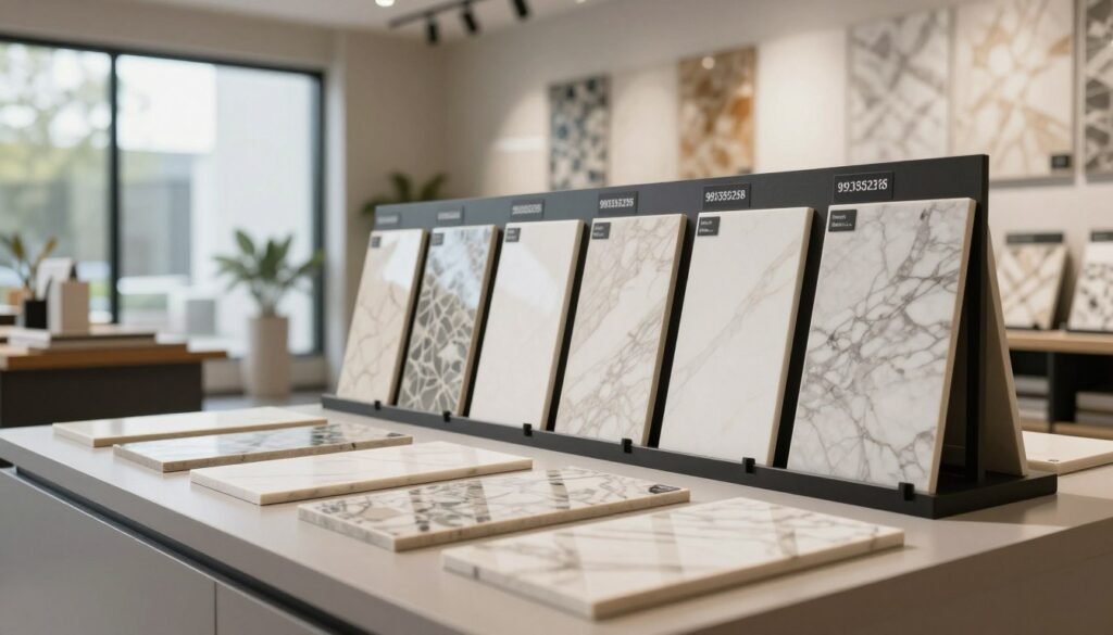 A well-lit interior showroom showcasing an elegant display of ceramic, porcelain, and marble tile samples for flooring selection. In the foreground, various tile samples are artfully arranged on a sleek, modern surface, highlighting their textures and patterns. The middle ground features a stylish display stand with additional tiles, each labeled by type in a professional manner. The background reveals a soft-focus wall with complementary tile designs, enhancing the ambiance. Natural light filters through large windows, casting soft shadows and creating a warm atmosphere. The scene conveys a sense of sophistication and choice, emphasizing the quality of 99335258 tiles for professional installation. A well-lit interior showroom showcasing an elegant display of ceramic, porcelain, and marble tile samples for flooring selection. In the foreground, various tile samples are artfully arranged on a sleek, modern surface, highlighting their textures and patterns. The middle ground features a stylish display stand with additional tiles, each labeled by type in a professional manner. The background reveals a soft-focus wall with complementary tile designs, enhancing the ambiance. Natural light filters through large windows, casting soft shadows and creating a warm atmosphere. The scene conveys a sense of sophistication and choice, emphasizing the quality of 99335258 tiles for professional installation.