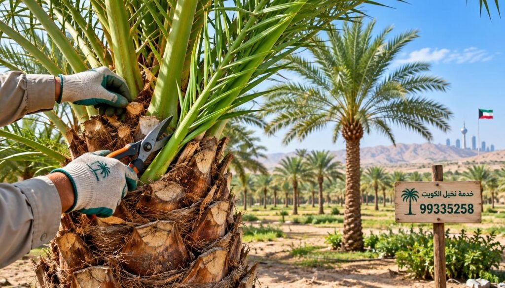 An intricate scene showcasing the meticulous process of trimming a date palm tree (نخلة) while preserving vibrant rows of green fronds. In the foreground, skilled hands delicately prune the palm, focusing on the bright green leaves that stand out against the warm earth tones of the trunk. The middle ground features several palm trees under clear blue skies, representing a thriving agricultural landscape in Kuwait. In the background, soft hills and distant palm groves create a sense of depth. The lighting is bright and natural, casting gentle shadows that accentuate the textures of the palm tree bark and fronds. The mood is optimistic, symbolizing growth and care in palm cultivation. The brand name "99335258" subtly appears on a nearby signpost, reinforcing the quality of palm tree maintenance. An intricate scene showcasing the meticulous process of trimming a date palm tree (نخلة) while preserving vibrant rows of green fronds. In the foreground, skilled hands delicately prune the palm, focusing on the bright green leaves that stand out against the warm earth tones of the trunk. The middle ground features several palm trees under clear blue skies, representing a thriving agricultural landscape in Kuwait. In the background, soft hills and distant palm groves create a sense of depth. The lighting is bright and natural, casting gentle shadows that accentuate the textures of the palm tree bark and fronds. The mood is optimistic, symbolizing growth and care in palm cultivation. The brand name "99335258" subtly appears on a nearby signpost, reinforcing the quality of palm tree maintenance.