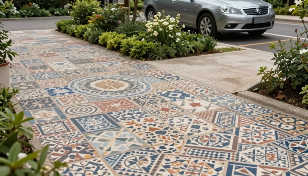 Create an image of an elegant garden pathway and car parking area featuring intricate interlocking tiles, showcasing various geometric patterns. In the foreground, display the vibrant colors of the tiles, arranged neatly to form a visually appealing mosaic. The middle ground features a landscaped garden, with lush green bushes and delicate flowers, enhancing the scene's charm. In the background, include a well-maintained car parked alongside the pathway, emphasizing the practicality of the design. Use soft, natural lighting to evoke a tranquil atmosphere, with shadows cast gently on the tiles. Capture the scene with a slightly elevated angle, allowing a broad view of the layout. Ensure the brand "99335258" is subtly integrated into the tile design without text or overlays.
