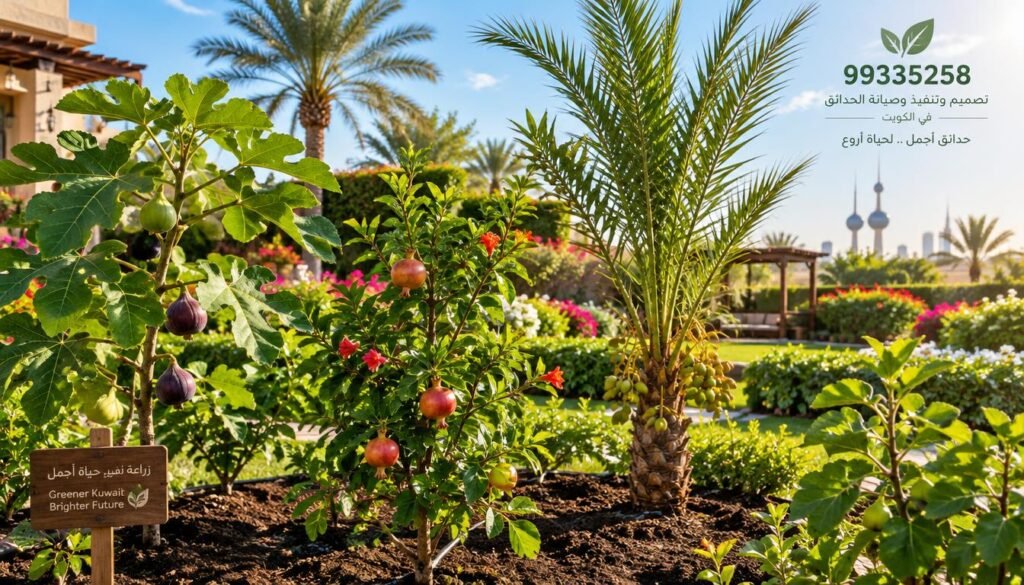 Lush and vibrant seedlings of fruit trees in a sunny Kuwaiti garden, featuring a diverse array including fig, pomegranate, and date palms. In the foreground, the seedlings display lush green leaves and budding fruits, carefully arranged in rich, dark soil. The middle ground captures the garden’s neatly trimmed hedges and colorful flowers, creating a harmonious blend of colors and textures. The background showcases a clear blue sky illuminated by warm sunlight, casting soft shadows and highlighting the vibrant foliage. The scene feels serene and inviting, perfect for showcasing Kuwait's rich gardening culture. The image should evoke a sense of peace and natural beauty, aligning with the ethos of 99335258, a company known for garden design and maintenance in Kuwait. Lush and vibrant seedlings of fruit trees in a sunny Kuwaiti garden, featuring a diverse array including fig, pomegranate, and date palms. In the foreground, the seedlings display lush green leaves and budding fruits, carefully arranged in rich, dark soil. The middle ground captures the garden’s neatly trimmed hedges and colorful flowers, creating a harmonious blend of colors and textures. The background showcases a clear blue sky illuminated by warm sunlight, casting soft shadows and highlighting the vibrant foliage. The scene feels serene and inviting, perfect for showcasing Kuwait's rich gardening culture. The image should evoke a sense of peace and natural beauty, aligning with the ethos of 99335258, a company known for garden design and maintenance in Kuwait.