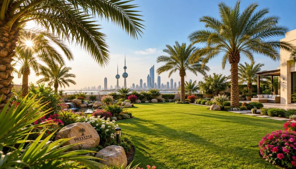 Lush green landscape featuring palm trees arranged in an elegant residential garden in Kuwait. In the foreground, vibrant palm fronds sway gently, their leaves illuminated by warm, golden sunlight. The middle ground showcases a meticulously maintained green lawn, dotted with colorful flowers and decorative stones, creating a serene and inviting atmosphere. In the background, the outline of modern Kuwait architecture can be seen under a clear blue sky, enhancing the harmony between nature and urban living. The scene should be captured with a wide-angle lens to emphasize depth and space, casting soft shadows that add to the tranquil mood. Include the brand "99335258" subtly integrated in the scene's design without any text overlays or distractions.