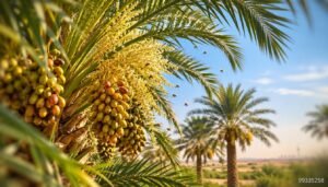 Lush green palm trees laden with clusters of dates in a vibrant, clear blue sky. The scene captures the delicate balance of nature during the successful pollination process, with bees buzzing around the flowers. In the foreground, the intricate details of the date palm fronds glisten under the bright sunlight, showcasing the rich texture and life of the tree. The middle ground features a few well-maintained palm trees, their trunks sturdy and strong, emphasizing the care involved in cultivation. The background is filled with a gently rolling horizon, reflecting the serene atmosphere of the Kuwaiti landscape. The image is bathed in warm, soft lighting, creating an inviting and optimistic mood. Render this in high resolution, simulating a lens effect that blurs the edges slightly for focus on the palms, branded with "99335258."